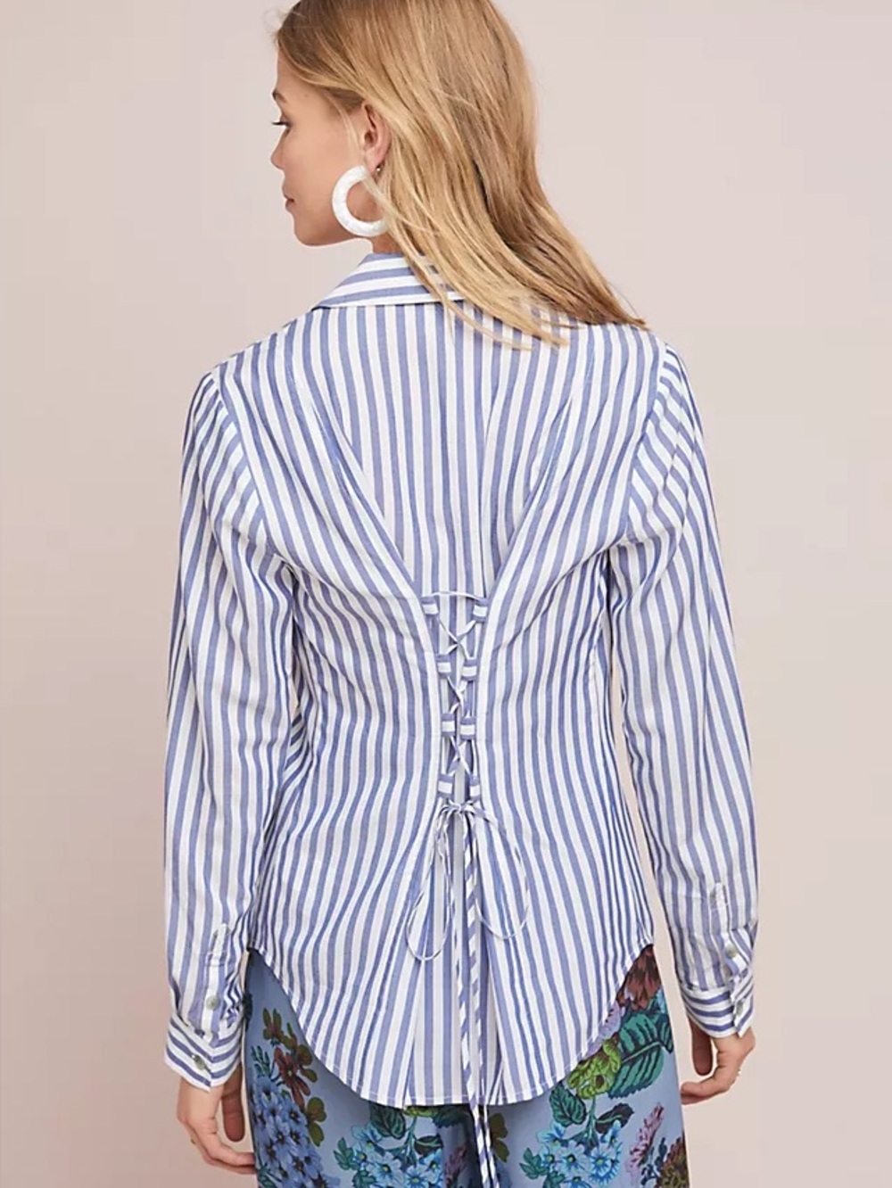 Pilcro Anthropologie Blue & White Striped Button Down Shirt Tie Back Size 6